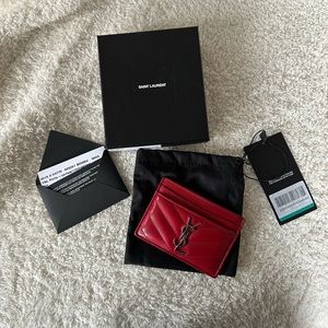 Saint Laurent YSL Grain de Poudre Leather Card Case, Silver Hardware
